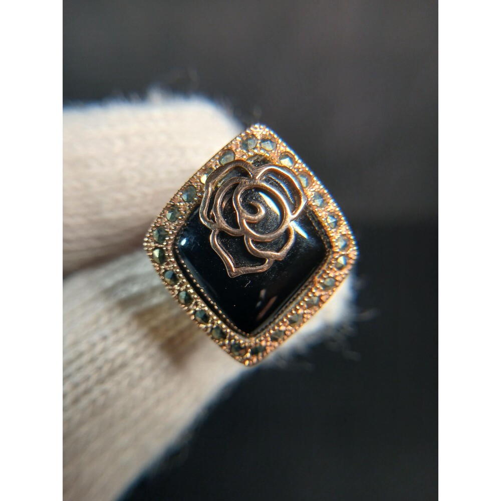 Sterling Silver 925 Aura by TJM Rose Gold Plated Marcasite Onyx Statement Ring S
